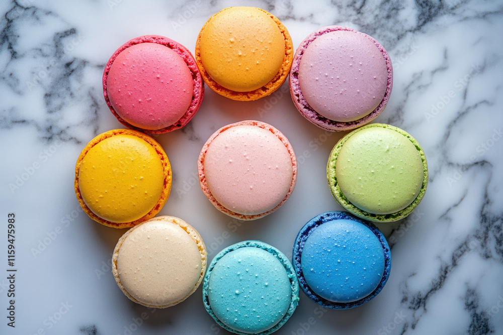 A delightful arrangement of colorful macarons on a marble surface. A delightful arrangement of colorful macarons on a marble surface.