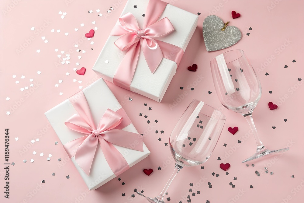 Top view photo of white gift boxes with pink satin ribbon bows small hearts Top view photo of white gift boxes with pink satin ribbon bows small hearts