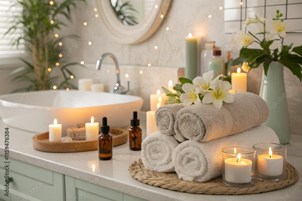 Tranquil spa bathroom with towels, oils, candles, and flowers creating a serene ambiance Tranquil spa bathroom with towels, oils, candles, and flowers creating a serene ambiance