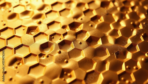 Abstract geometric golden hexagones pattern background. Anisotropic surface background. Hexagonal structure 3d liquid gold wallpapers background, metal smooth texture. Flowing melt gold design.