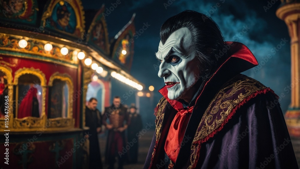 Obraz premium Persona con Disfraz de Carnaval de Vampiro, con Capa Oscura y Bordados Dorados con Forro Rojo, Perfecto para Proyectos Gráficos de Fiestas y Festividades