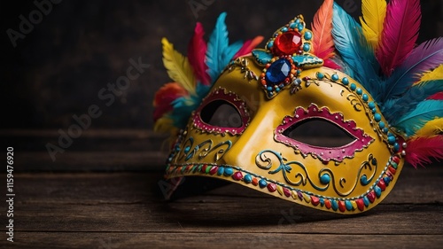 Máscara de Carnaval Amarilla con Plumas Multicolores y Gemas Decorativas, Ideal para Ilustraciones de Celebraciones y Eventos Festivos de carnaval photo