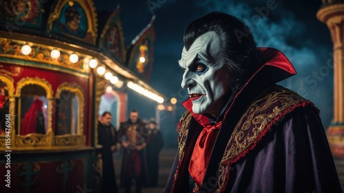 Persona con Disfraz de Carnaval de Vampiro, con Capa Oscura y Bordados Dorados con Forro Rojo, Perfecto para Proyectos Gráficos de Fiestas y Festividades