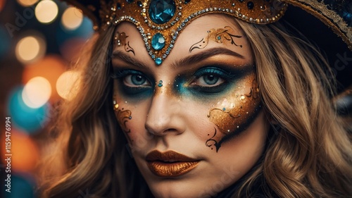 Retrato Festivo con Sombrero Decorado y Luces Bokeh en el Fondo, Ideal para Proyectos Gráficos y Celebraciones Culturales

