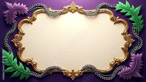 Diseño de Marco Decorativo sobre fondo púrpura con Elementos de Plumas Verdes y espacio para escribir, perfecto para Anuncios Festivos