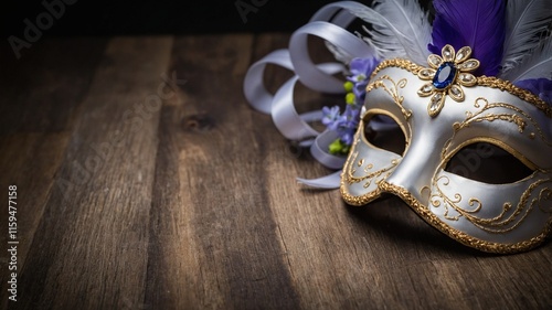 Máscara de Carnaval Blanca con Detalles Dorados, Gemas Azules y Plumas Blancas sobre Fondo de Madera, Ideal para Ilustraciones de Fiestas y Eventos Formales