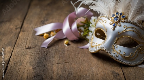 Máscara Veneciana Decorativa con Gemas Azules y Plumas sobre Superficie de Madera, Perfecta para Proyectos Gráficos y Celebraciones de Carnaval