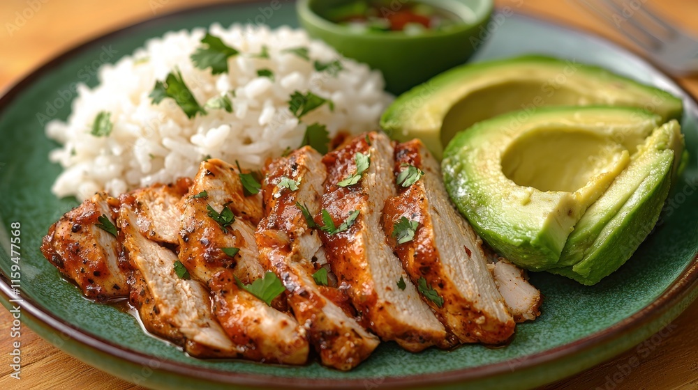 Sliced grilled chicken breast with rice and avocado. Sliced grilled chicken breast with rice and avocado.