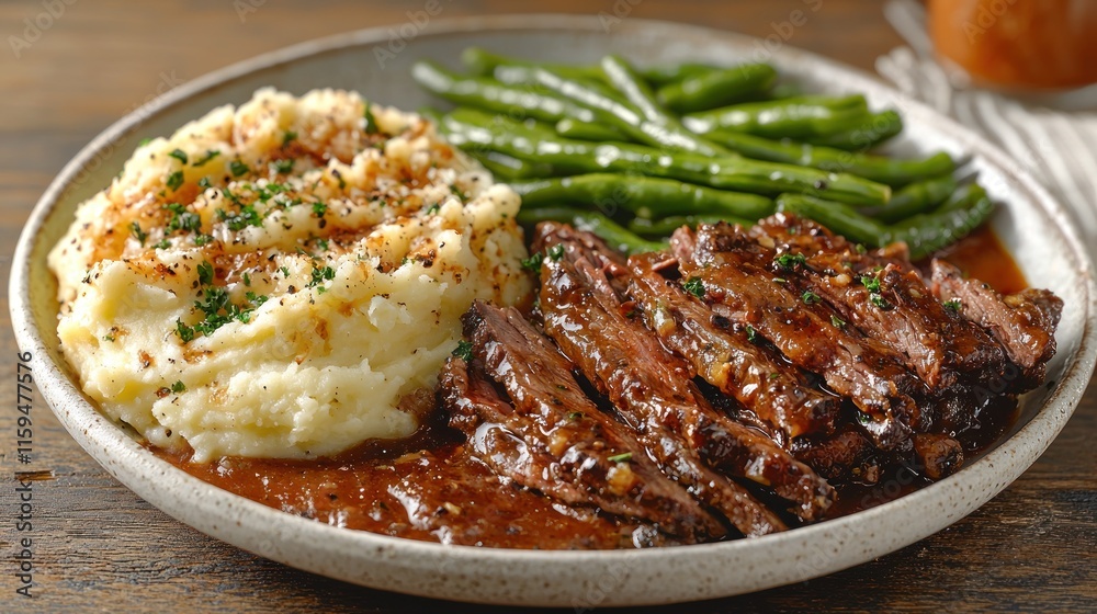 Sliced beef with gravy, mashed potatoes, and green beans. Sliced beef with gravy, mashed potatoes, and green beans.