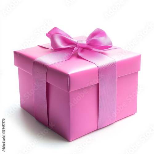 Elegant brightly pink gift box with bob bow, isolated on white background