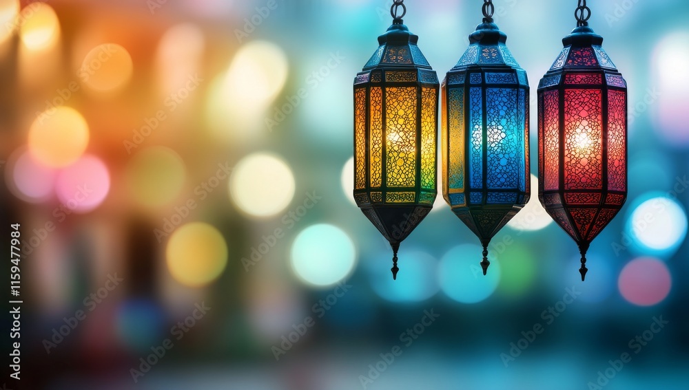 Elegant Ramadan lanterns and bokeh lights with intricate patterns illuminating the night.