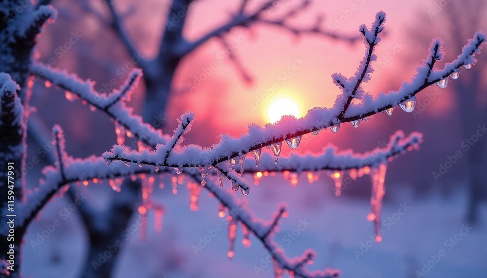 frost-covered branch with icicles and dew drops sparkling in the sunrise glow frost-covered branch with icicles and dew drops sparkling in the sunrise glow