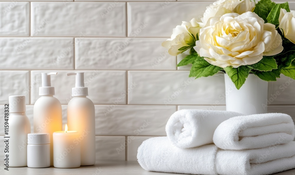 Serene Spa Setting with White Towels, Candles, and Essential Oil Bottles Serene Spa Setting with White Towels, Candles, and Essential Oil Bottles