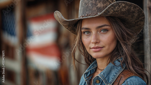 Woman dressed in Texan style with the flag of the United States of America in the background	