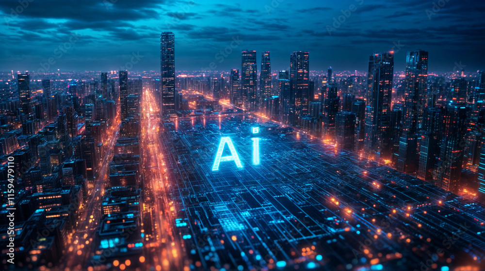 Fototapeta premium Futuristic night city interconnected with AI 