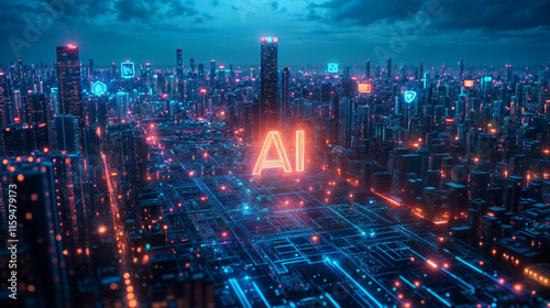 Futuristic night city interconnected with AI 