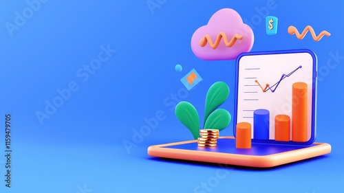 cloud and security concept. Colorful 3D illustration of a graph and plant on a digital platform, depicting growth and analytics.