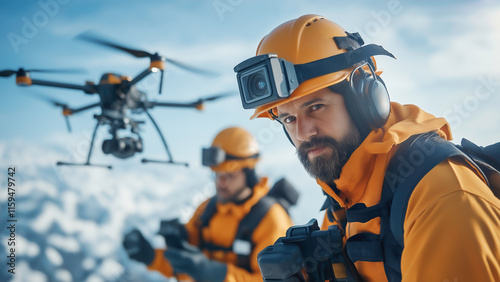 Skilled rescue team working together to rescue in difficult areas, on the snowy mountains with using advanced drones technology to help in searching and working.