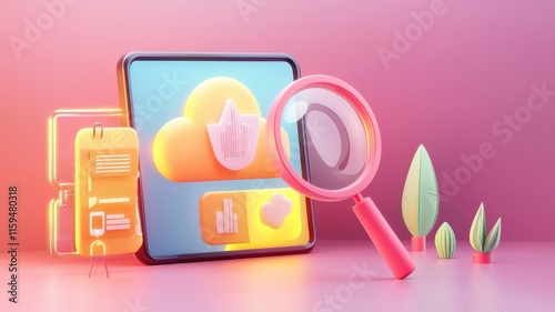 cloud and security concept. Vibrant digital scene with a magnifying glass, tablet, and cloud icons representing technology and data exploration.