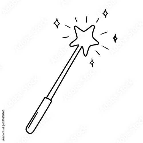 Magic wand vector icon in doodle style. Symbol in simple design. Cartoon object hand drawn isolated on white background.