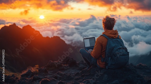 Travel Blogger Perched on a Mountaintop Working with Laptop