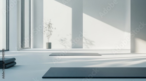 Contemporary minimalist yoga studio with minimal equipment. Featuring a clean  open design with modern lines