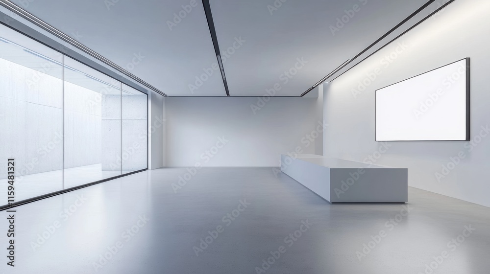 Elegant minimalist art gallery with minimal decor. Featuring a clean, open design with sleek lines Elegant minimalist art gallery with minimal decor. Featuring a clean, open design with sleek lines