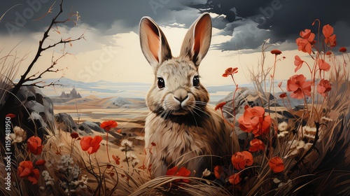 Artistic Rabbit Portrait Amidst Desert Poppy Flowers Landscape photo