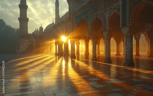 Sunrise illuminating a mosque courtyard. photo