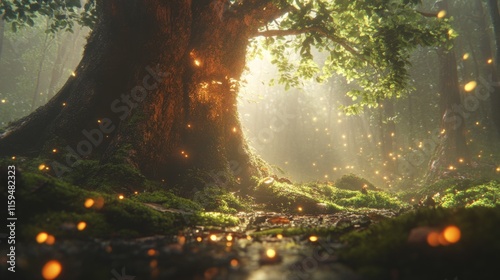 Enchanted forest scene with towering trees, dew drops on moss-covered branches, and warm ambient lighting. generative ai photo