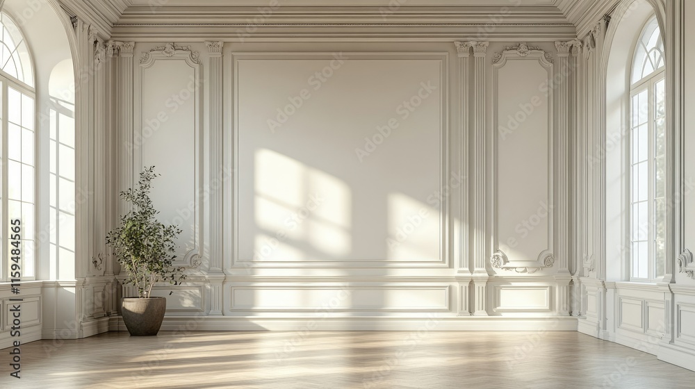Fototapeta premium Elegant Room Interior Design: Sunlit Classic White Walls, Hardwood Floor, and Ornate Moldings