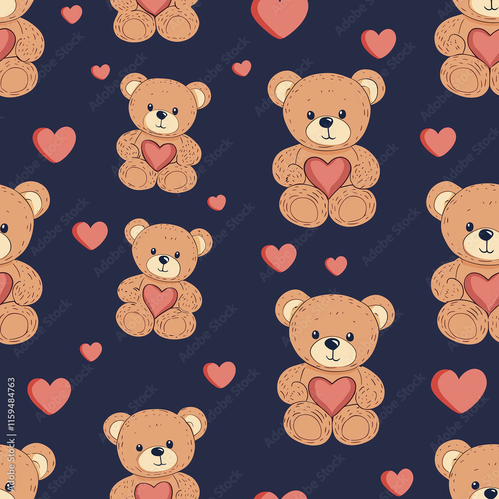 Cute teddy bears with hearts against a dark background, creating a playful and charming pattern suitable for children's products. Cute teddy bears with hearts against a dark background, creating a playful and charming pattern suitable for children's products.