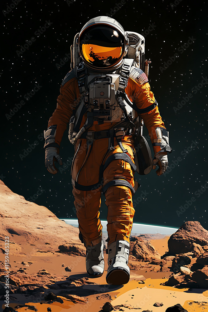 An astronaut in an orange suit explores a rocky, alien landscape under a starry sky. An astronaut in an orange suit explores a rocky, alien landscape under a starry sky.