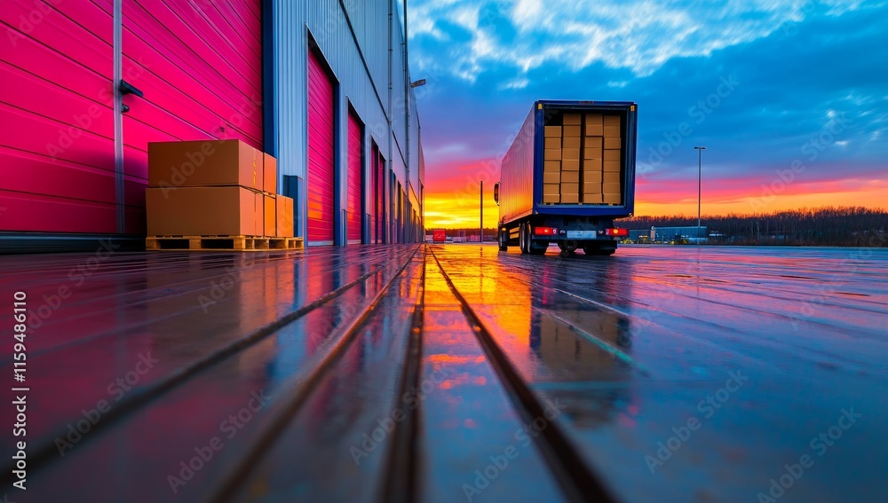 Fototapeta premium Truck Unloading Boxes into Industrial Warehouse Cargo Area at Dusk