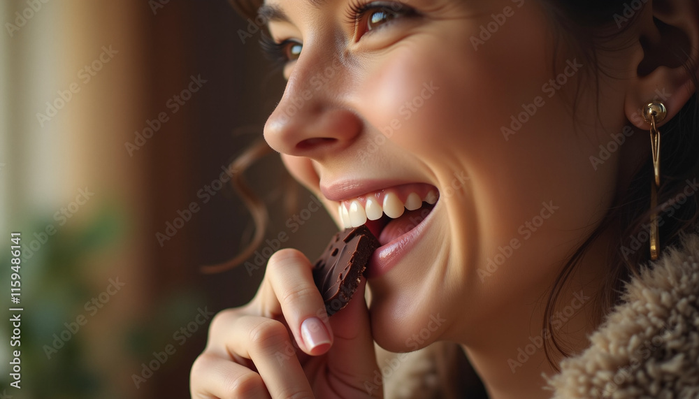 Young woman enjoying a chocolate treat with a smile indoors by the window