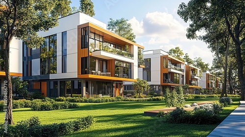 A modern residential complex with several apartment buildings in the park