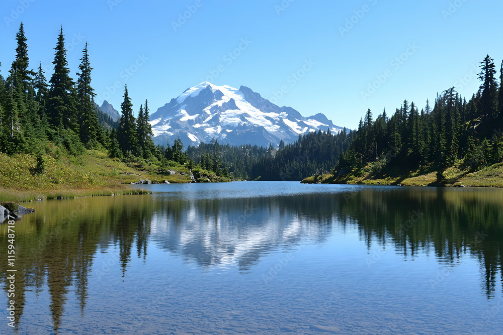 Crystal-clear lake mirroring snow-capped peaks and dense pine forest on a bright day Crystal-clear lake mirroring snow-capped peaks and dense pine forest on a bright day
