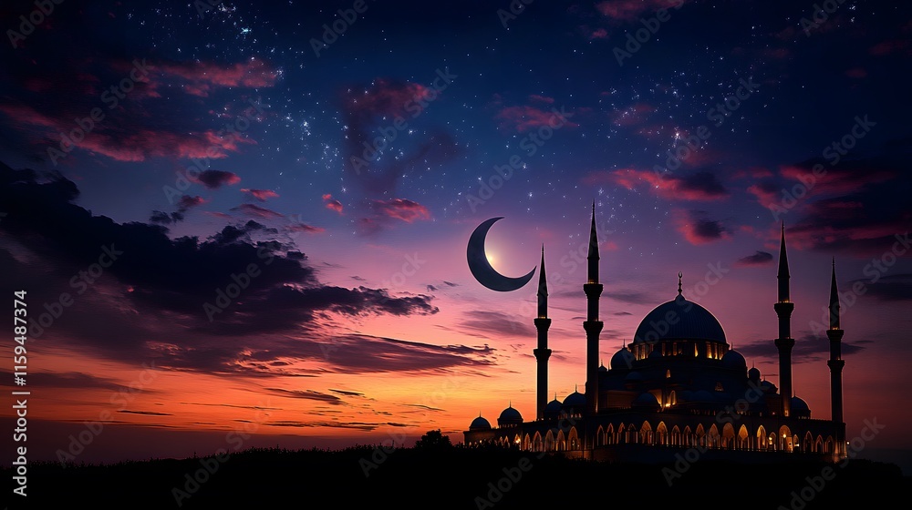 Obraz premium Majestic Mosque Silhouette Under Starlit Crescent Moon Sky