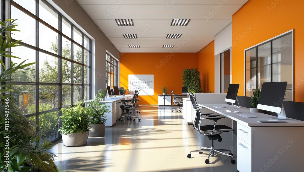 Fototapeta premium A spacious office designed with contemporary furniture, large windows allowing for abundant natural light, and vibrant orange accents. The layout promotes creativity and productivity.