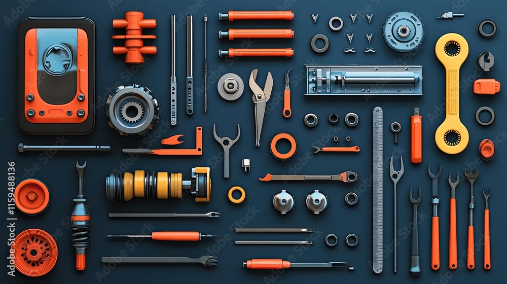 A Flatlay of Assorted Mechanic Tools and Parts A Flatlay of Assorted Mechanic Tools and Parts