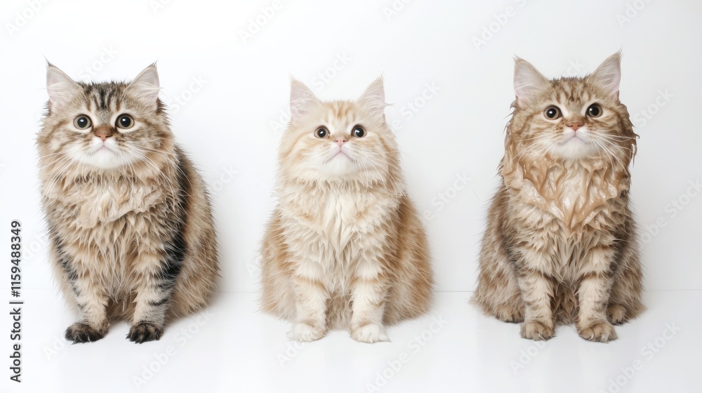 Fluffy cats drying off after bath home setting animal photography cozy environment close-up view pet care concepts