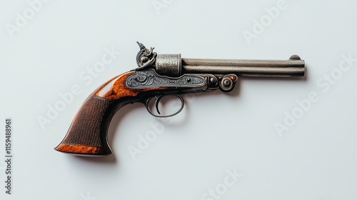 A vintage-style pistol with ornate detailing and a wooden grip, resting on a neutral background. photo