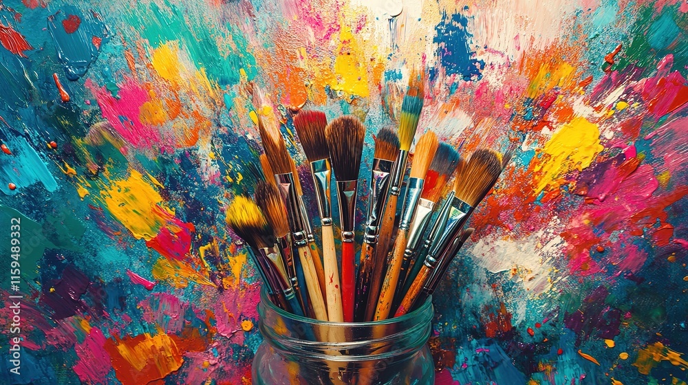 Obraz premium A vibrant collection of paintbrushes in a jar against a colorful abstract background, showcasing creativity and artistic expression.