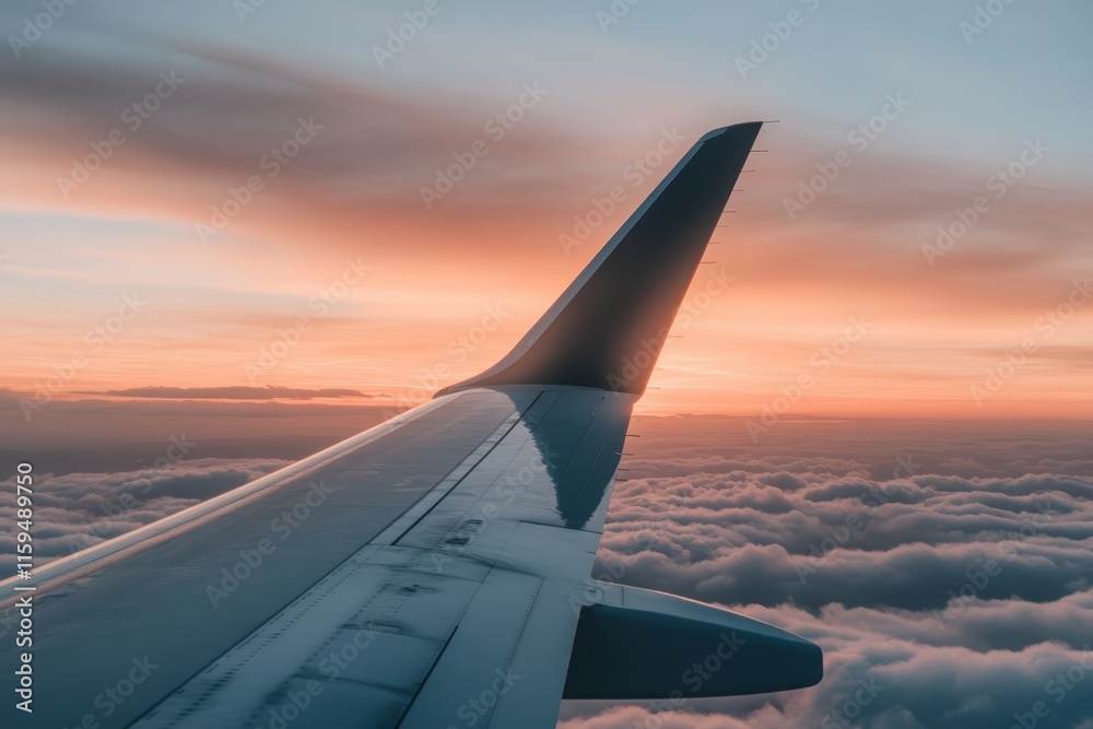 Fototapeta premium 空の上での夕日を背景にした飛行機の翼の眺め