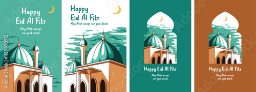 Happy eid al fitr card design with mosque illustration