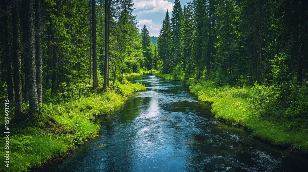 Obraz premium A serene forest scene featuring a clear river flowing through lush greenery, with tall trees lining the banks under a bright blue sky.