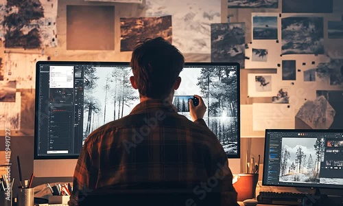 A person edits photos in a cozy workspace filled with nature images and creative tools.