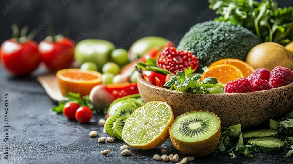 Fresh fruits and vegetables in a natural arrangement Fresh fruits and vegetables in a natural arrangement