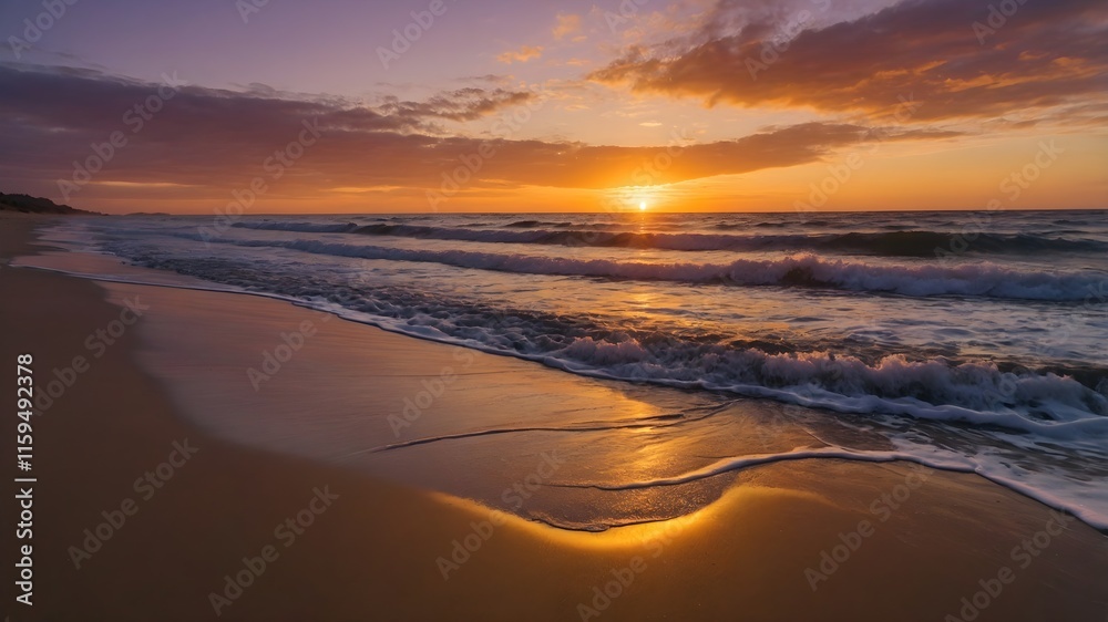 Fototapeta premium Vibrant Sunset Beach Background: A breathtaking display of colors as the sun dips below the horizon, casting warm, golden light across the ocean and sky. A vibrant and energetic wallpaper