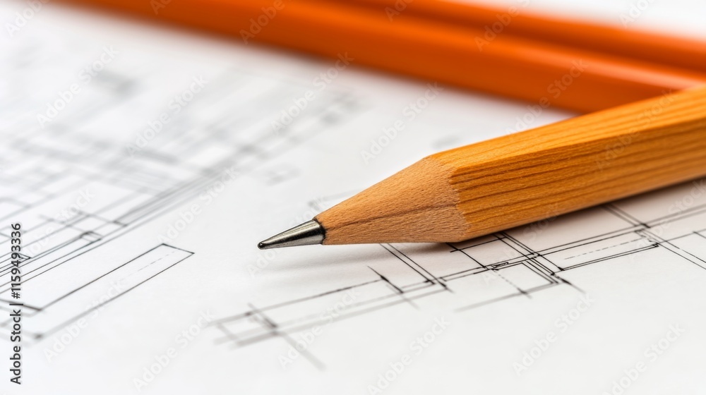 Close-Up of a Wooden Pencil Resting on Architectural Blueprints with Orange Colored Pencils in the Background, Symbolizing Creativity and Design in Engineering Projects Close-Up of a Wooden Pencil Resting on Architectural Blueprints with Orange Colored Pencils in the Background, Symbolizing Creativity and Design in Engineering Projects